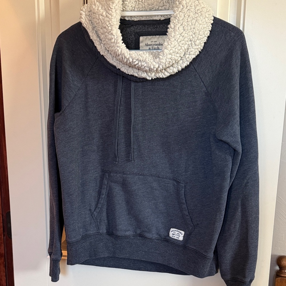 Abercrombie & Fitch Heather Blue Sweatshirt withCozy Sherpa Neck, Kangaroo Pouch